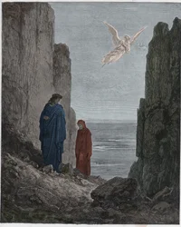 Purgatorio, laulu 19 : Runoilijat nousevat viidenteen ympyrään, kuvitus Dante Alighierin teoksesta Divine Comedy, 1885 (digitaalisesti väritetty kaiverrus).