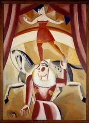 Sirkus III Akrobaatti Ecuyere tasapainossa hevosella ja klovni sirkusradalla esittelemässä. Gustave de Smetin (1877-1943) maalaus 1926 Su. 1,3x1,1 m Grenoble, Musee des Beaux Arts Huomio! Tämän teoksen käyttö saattaa edellyttää kolmannen osapuolen lupaa
