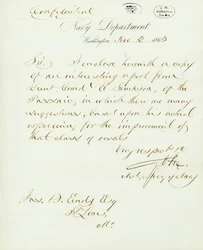 Kirje allekirjoitettu G.V. Fox, Navy Department, Washington, Jasille. B. Eads [James B. Eads], St.Louis, Mo., 2. marraskuuta 1863