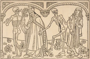 Kuolema vie piispan ja aatelismiehen, teoksesta "La danse macabre des femmes. Et le debat du corps et de lame"