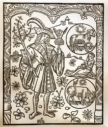 Paimenkalenteri - Kuukausien työt - Huhtikuu - Puupiirros Guy Marchantin (Guido Mercator) painamasta kirjasta vuodelta 1496 Troyesissa - Puukaiverrus kirjassa "Le grand Calendrier et compost des shepherds" -