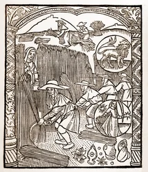 Paimenkalenteri - Kuukausien työt - Elokuu - Puupiirros Guy Marchantin (Guido Mercator) painamasta kirjasta vuodelta 1496 Troyesissa - Puukaiverrus kirjassa "Le grand Calendrier et compost des shepherds" -