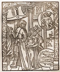 Paimenkalenteri - Kuukausien työt - Helmikuu - Puupiirros Guy Marchantin (Guido Mercator) painamasta kirjasta 1496 Troyesissa - Puukaiverrus kirjassa "" Le grand Calendrier et compost des shepherds"" -