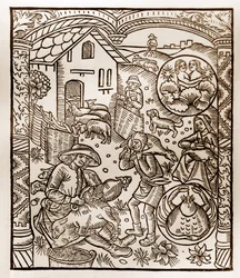 Paimenkalenteri - Kuukausien työt - Kesäkuu - Puupiirros Guy Marchantin (Guido Mercator) painamasta kirjasta vuodelta 1496 Troyesissa - Puukaiverrus kirjassa "Le grand Calendrier et compost des shepherds" -