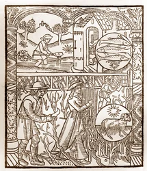Paimenkalenteri - Kuukausien työt - Maaliskuu - Puupiirros Guy Marchantin (Guido Mercator) painamasta kirjasta vuodelta 1496 Troyesissa - Puukaiverrus kirjassa "Le grand Calendrier et compost des shepherds" -