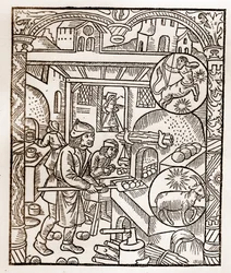 Paimenkalenteri - Kuukausien työt - marraskuu - Puupiirros Guy Marchantin (Guido Mercator) painamasta kirjasta vuodelta 1496 Troyesissa - Puukaiverrus kirjassa "" Le grand Calendrier et compost des shepherds"" - Leipäuuni -