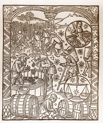 Paimenkalenteri - Kuukausien työt - Lokakuu - Puupiirros Guy Marchantin (Guido Mercator) painamasta kirjasta vuodelta 1496 Troyesissa - Puukaiverrus kirjassa "" Le grand Calendrier et compost des shepherds"" - Sadonkorjuu - ja merkit. horoskooppi: