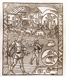 Paimenkalenteri - Kuukausien työt - syyskuu - Puupiirros Guy Marchantin (Guido Mercator) painamasta kirjasta vuodelta 1496 Troyesissa - Au premier plan, des peassans sement a la volee - Puupiirros teoksesta "Le grand Calendrier et compost des shepherds" -