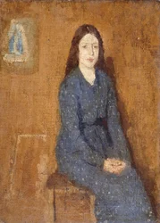 Istuva tyttö, jolla on täplikäs sininen mekko, 1914-15