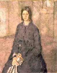 Tyttö pitelee ruusua, n. 1915-25