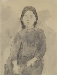 Istuva tyttö (Marie Hamonet?) (hiili, harmaa pesuväri ja vartaloväri harmaalle paperille)