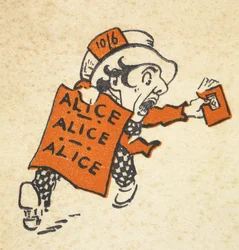 Kuva hullusta hatuntekijästä juoksemassa mukana kantaen kirjaa ja kylttiä, jossa lukee "Alice Alice Alice"