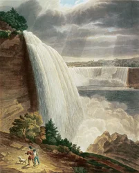 Niagara Falls, osa American Fall of the Stair Case, kaiverrus J. Hill, pub. kirjoittanut H.L.Megarcy (värikaiverrus)