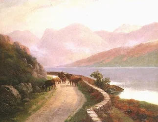 Drover lehmien kanssa Buttermere-järven rannalla, ilta