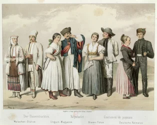 Talonpoikien pukuja (vasemmalta oikealle) Romaniasta, Unkarista, Slovakiasta ja Saksasta, Gabriel de Pronayn teoksesta "Esquisses de la Vie Populaire en Hongroie", 1855