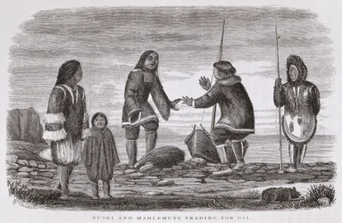 Tuski ja Mahlemuts Trading for Oil, "Alaska ja sen luonnonvarat", William H. Dall, kaiverrus John Andrew, pub. 1870