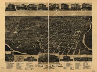 Perspektiivikartta ei ole piirretty mittakaavassa. Lintuperspektiivi. LC Panoramic maps (2. painos), 910 Saatavilla myös Library of Congress -verkkosivuston kautta rasterikuvana. Sisältää kuvan, hakemiston kiinnostaviin kohteisiin ja kartan Fort Worthin ra