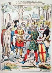 Gallialaiset soturit vannovat valan, koulukirjojen suojaholkista, 1800-luvun loppu (väri litho)