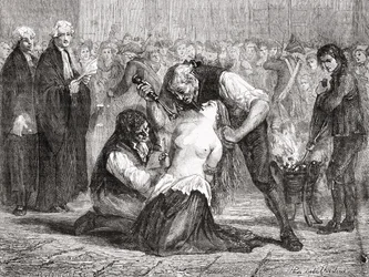 Madame de la Motten kidutus, kaivertanut Meyer-Heine, Louis Blancin (1811-82) teoksesta "Histoire de la Révolution française"