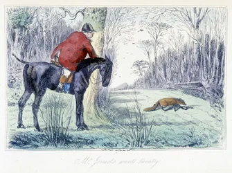 Hevosen selässä metsästyskohtaus. Englantilainen sarjakuva ketunmetsästyksestä H.K. Brownen ja W.T. Maudin kuvituksesta "Adventures of Thomas Scott or Hawbuck Grange".