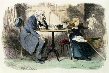 Jo The Crossing Sweeper, kuvitus Charles Dickensin (1812-70) teoksesta "Bleak House" 1853 (värikaiverrus)