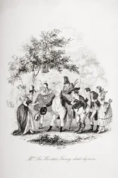 Rouva Leo Hunterin Fancy-dress dejeune, kuvitus Charles Dickensin (1812-70) Pickwick Papersista, julkaistu 1837