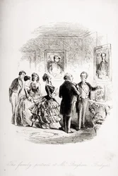 Perhekuvat Mr. Bayham Badgerin luona, kuvitus Charles Dickensin (1812-70) teoksesta "Bleak House", julkaistu 1853 (litho)