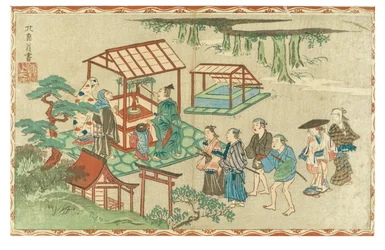 Vierailu shintolaisessa pyhäkössä, noin 1830-1839 (puupiirros paperille).