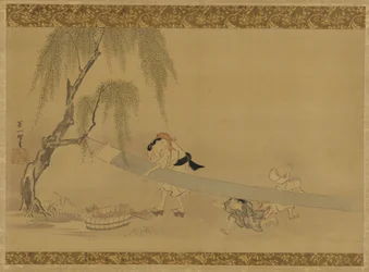 Nainen venyttelee kangasta kuivumaan, kaksi lasta leikkimässä, Edo-kausi, 1600-luvun loppu - 1700-luvun alku.