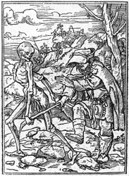 Kuoleman kuvat, Hans Holbein nuorempi (1497-1543): sokea. Kuolema tarttuu sokean keppiin ja toimii oppaana. Kaiverrus.
