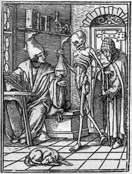 Hans Holbein nuoremman (1497-1543): lääkärin kuoleman simulakonit. Kuolema tulee lääkärin ja potilaan väliin. Kaiverrus.