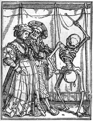 Hans Holbein nuoremman (1497-1543) kuoleman kuvat: aviopuolisot. Kuolema soittaa rumpua pariskunnan edessä.