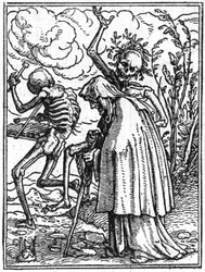 Hans Holbein nuoremman (1497-1543) kuoleman kuvajaiset: vanhus. Kuolema saattaa vanhan naisen kohtaloonsa.