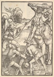 Ristin nostaminen, verso: Ristin nostaminen, teoksesta Speculum Passionis Domini ..., 1507.