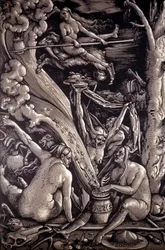 Noitien sapatti, kaivertanut saksalainen taidemaalari, kaivertaja ja piirtäjä Hans Baldung Grien (1484-1545).