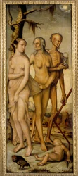 Elämänvaiheet. Nuori nainen, vanha mies ja tiimalasia pitelevä luuranko. 1540. Mitat: 1,51 x 0,61 m. Madrid, Prado-museo