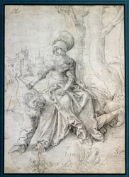Miehen selässä ratsastava nainen: Phyllis istuu nelinkontin kulkevan Aristoteleen selässä. Hans Baldung Grienin (1484-1545) piirustus, saksalainen koulukunta.