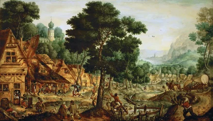 Village Flamand - Flanderin kyläelämä - Hans Bol (1534-1593). Öljy puulle, n. 1562. Mitat : 49,5x83,8 cm. Taidehistoriallinen museo, Vienne