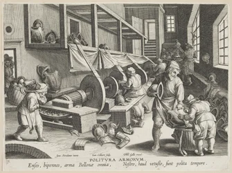 Politura Armorum (kiillotusvarret), levy 17 sarjasta Nova Reperta (Modern Discoveries) n. 1588 (kaiverrus paperille)