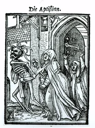 Kuolema ja apottitar, teoksesta "Kuoleman tanssi", kaiverrus Hans Lutzelburger, n. 1538