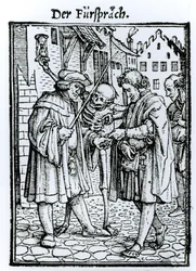 Kuolema ja asianajaja, teoksesta "Kuoleman tanssi", kaiverrus Hans Lutzelburger, n. 1538