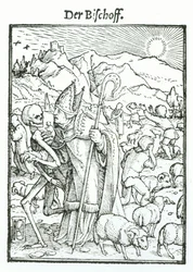 Kuolema ja piispa, teoksesta "Kuoleman tanssi", kaiverrettu Hans Lutzelburgerin toimesta, n. 1538.