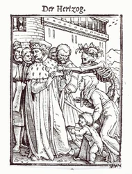 Kuolema ja herttua, teoksesta "Kuoleman tanssi", kaiverrus Hans Lutzelburger, n. 1538