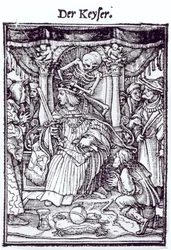 Kuolema ja keisari, teoksesta "Kuoleman tanssi", Hans Lutzelburgerin kaiverrus, n. 1538