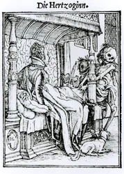 Kuolema ja nainen, teoksesta "Kuoleman tanssi", kaiverrus Hans Lutzelburger, n. 1538