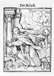 Death and the mendicant frar, teoksesta "Kuoleman tanssi", kaiverrus Hans Lutzelburger, n. 1538