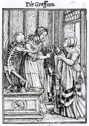 Kuolema ja rakastajatar, teoksesta "Kuoleman tanssi", kaiverrus Hans Lutzelburger, n. 1538