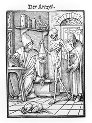 Kuolema ja lääkäri, teoksesta "Kuoleman tanssi", kaiverrus Hans Lutzelburger, n. 1538