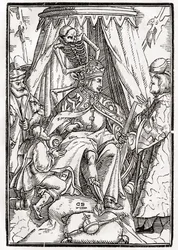 Kuolema tulee keisarille, kaiverrus Georg Scharffenberg, "Der Todten Tanz", julkaistu Basel, 1843