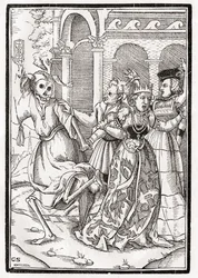 Kuolema tulee kuningattarelle, kaiverrettu Georg Scharffenberg, "Der Todten Tanz", julkaistu Basel, 1843